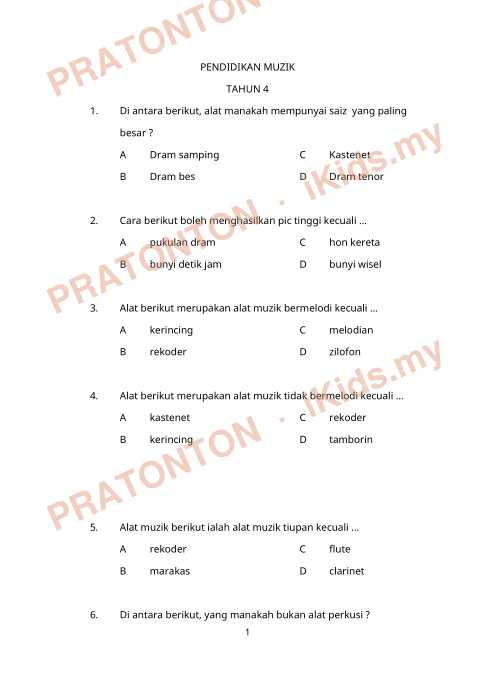 Pratonton muka 1 lembaran Pendidikan Muzik 7 — Pendidikan Kesenian Tahun 4