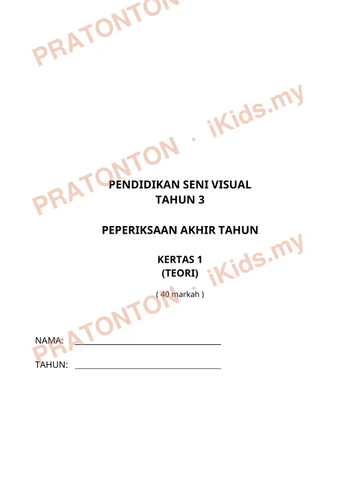 Pratonton muka 1 lembaran Pendidikan Seni Visual — Pendidikan Kesenian Tahun 3