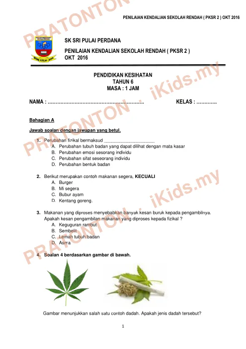 Pratonton muka 1 lembaran Penilaian Kendalian Sekolah Rendah (PKSR 2) 2016 — PJPK Tahun 6 — Pendidikan Kesihatan Tahun 6