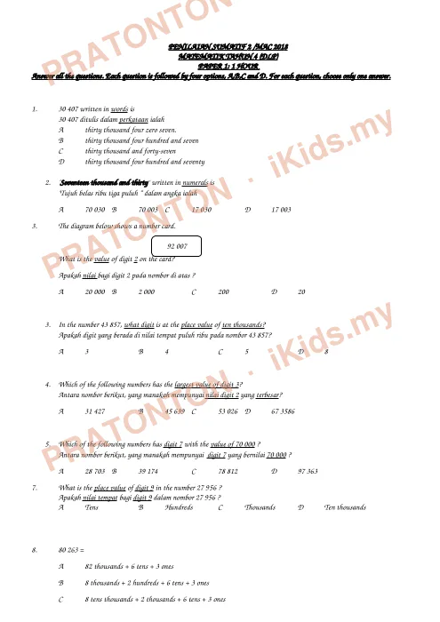 Pratonton muka 1 lembaran Penilaian Sumatif 2 — Matematik Tahun 4