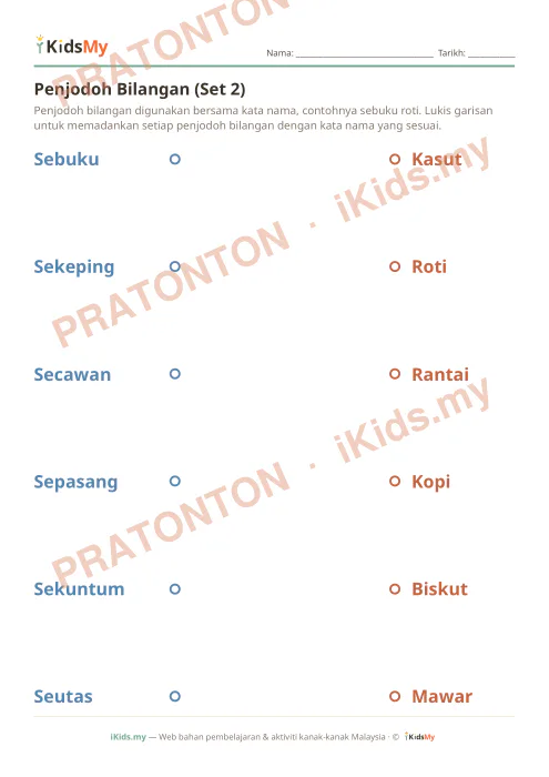 Pratonton muka 1 lembaran Penjodoh Bilangan (Set 2) — Bahasa Melayu Tahun 2