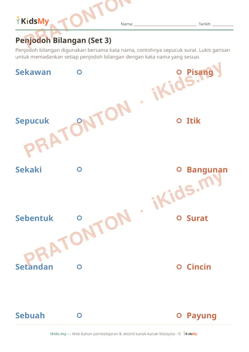 Pratonton muka 1 lembaran Penjodoh Bilangan (Set 3) — Bahasa Melayu Tahun 3
