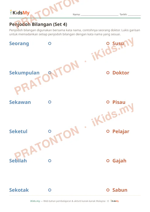 Pratonton muka 1 lembaran Penjodoh Bilangan (Set 4) — Bahasa Melayu Tahun 3