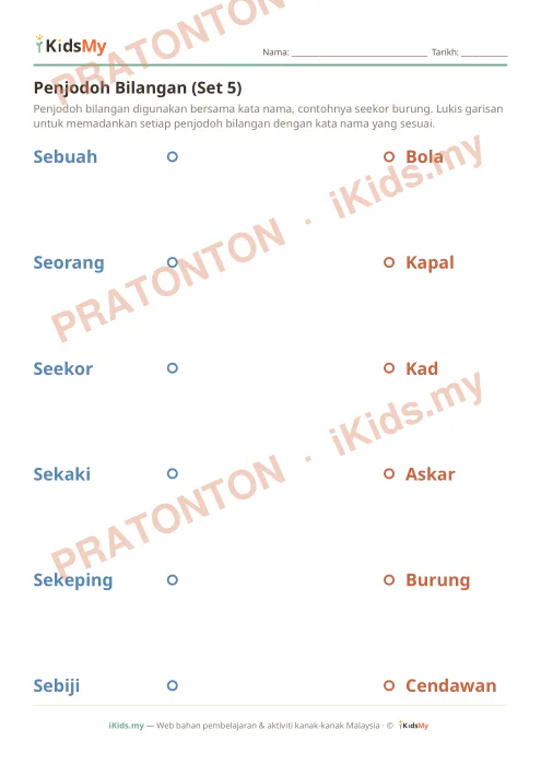 Pratonton muka 1 lembaran Penjodoh Bilangan (Set 5) — Bahasa Melayu Tahun 3