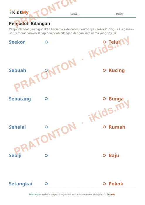 Pratonton muka 1 lembaran Penjodoh Bilangan — Bahasa Melayu Tahun 1