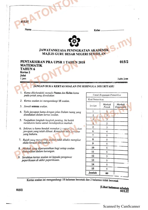Pratonton muka 1 lembaran Pentaksiran Pra UPSR 1 Negeri Sembilan 2018 — Matematik Kertas 2 — Matematik Tahun 6