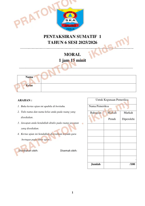 Pratonton muka 1 lembaran PENTAKSIRAN SUMATIF 1 - Pendidikan Moral — Pendidikan Moral Tahun 6