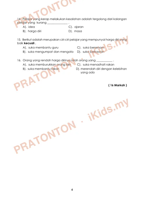 Pratonton muka 4 lembaran PENTAKSIRAN SUMATIF 1 - Pendidikan Moral — Pendidikan Moral Tahun 6