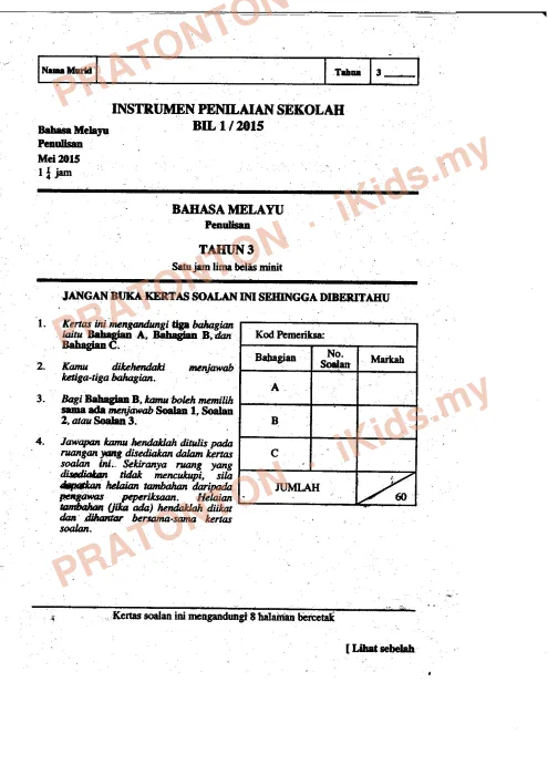 Pratonton muka 1 lembaran Penulisan Bahasa Melayu — Bahasa Melayu Tahun 3