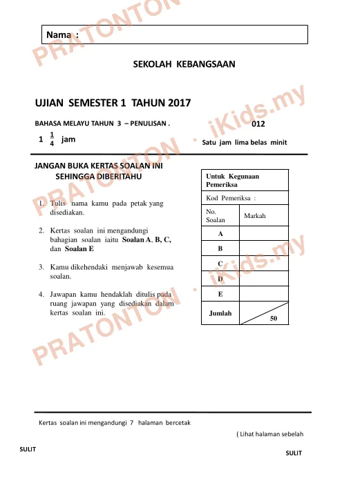 Pratonton muka 1 lembaran Penulisan Bahasa Melayu — Bahasa Melayu Tahun 3