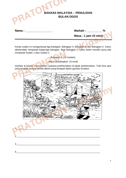 Pratonton muka 1 lembaran Penulisan Bahasa Melayu — Bahasa Melayu Tahun 4