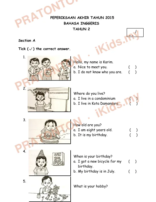 Pratonton muka 1 lembaran PEPERIKSAAN AKHIR TAHUN 2015 — Bahasa Inggeris Tahun 2