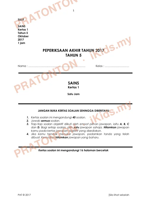Pratonton muka 1 lembaran Peperiksaan Akhir Tahun 2017 — Sains Tahun 5 Kertas 1 — Sains Tahun 5
