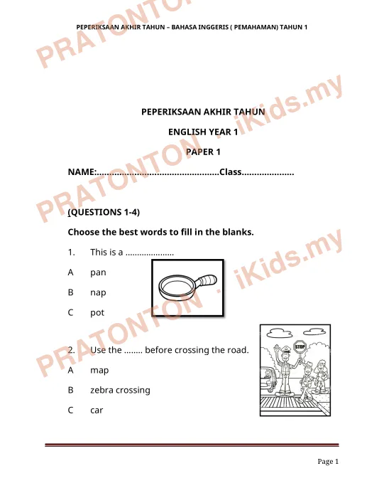 Pratonton muka 1 lembaran PEPERIKSAAN AKHIR TAHUN – BAHASA INGGERIS ( PEMAHAMAN) TAHUN 1 — Bahasa Inggeris Tahun 1