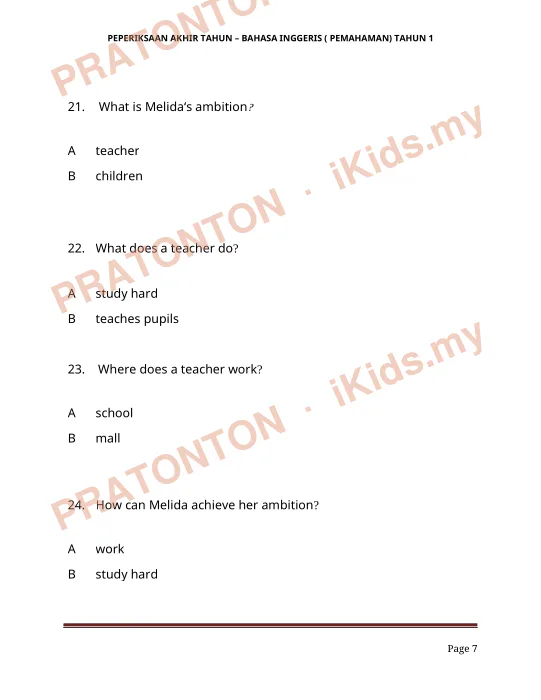 Pratonton muka 7 lembaran PEPERIKSAAN AKHIR TAHUN – BAHASA INGGERIS ( PEMAHAMAN) TAHUN 1 — Bahasa Inggeris Tahun 1