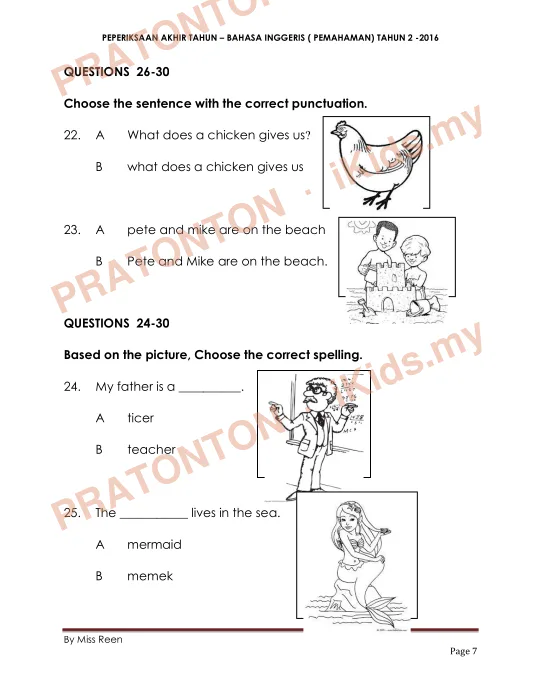 Pratonton muka 7 lembaran PEPERIKSAAN AKHIR TAHUN – BAHASA INGGERIS ( PEMAHAMAN) TAHUN 2 -2016 — Bahasa Inggeris Tahun 2