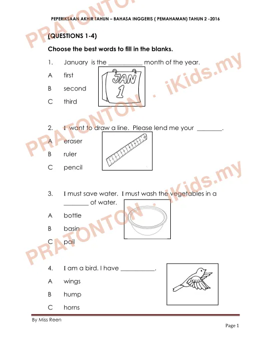 Pratonton muka 1 lembaran PEPERIKSAAN AKHIR TAHUN – BAHASA INGGERIS ( PEMAHAMAN) TAHUN 2 -2016 — Bahasa Inggeris Tahun 2