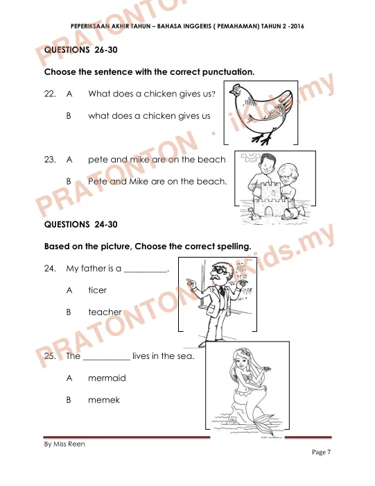 Pratonton muka 7 lembaran PEPERIKSAAN AKHIR TAHUN – BAHASA INGGERIS ( PEMAHAMAN) TAHUN 2 -2016 — Bahasa Inggeris Tahun 2