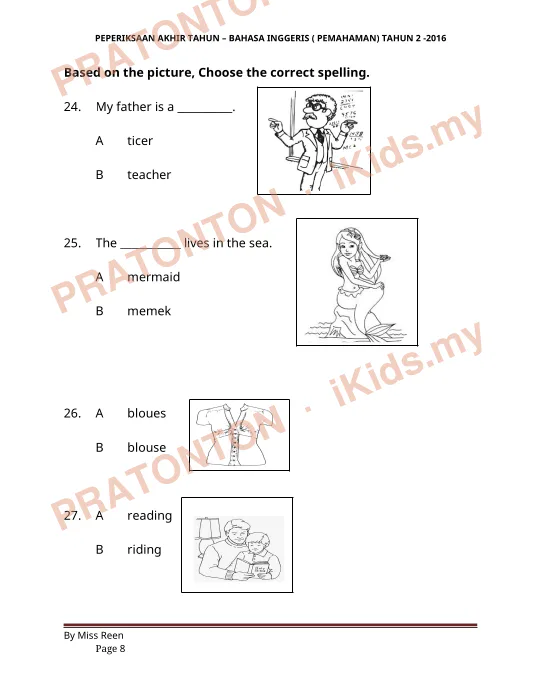 Pratonton muka 8 lembaran PEPERIKSAAN AKHIR TAHUN – BAHASA INGGERIS ( PEMAHAMAN) TAHUN 2 -2016 — Bahasa Inggeris Tahun 2