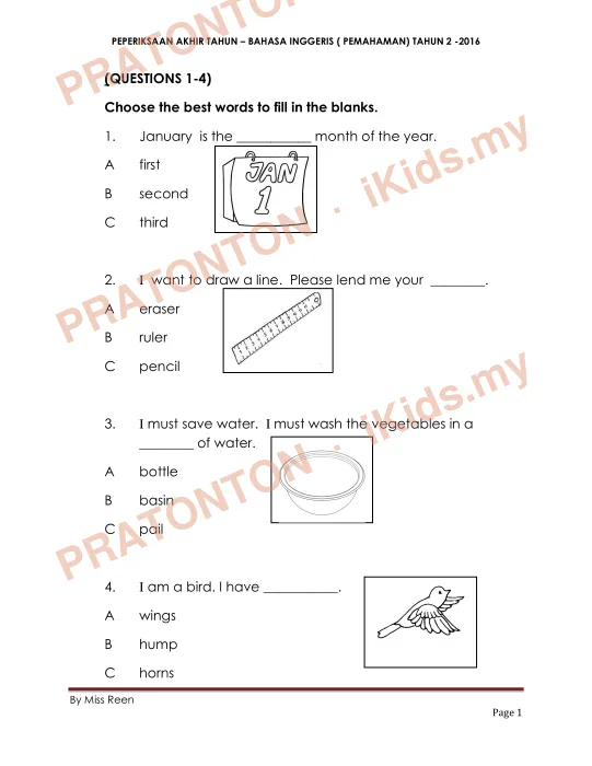 Pratonton muka 1 lembaran PEPERIKSAAN AKHIR TAHUN – BAHASA INGGERIS ( PEMAHAMAN) TAHUN 2 -2016 — Bahasa Inggeris Tahun 2