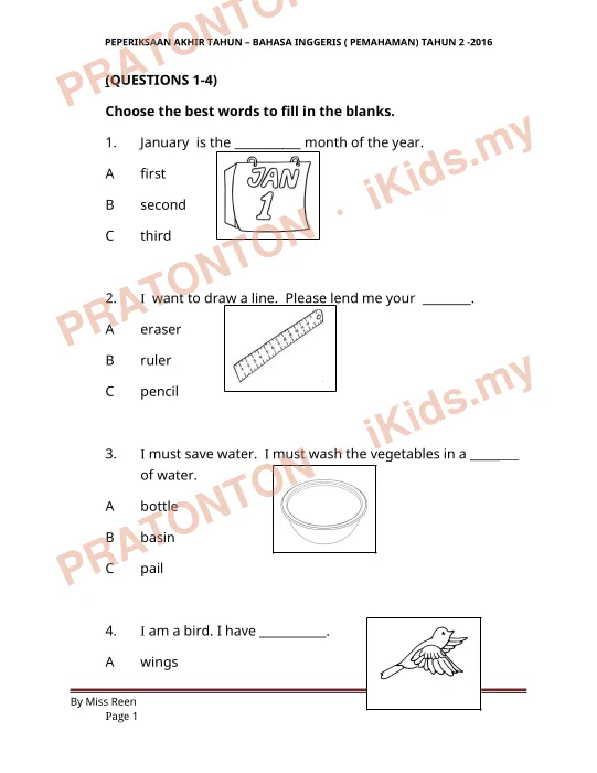 Pratonton muka 1 lembaran PEPERIKSAAN AKHIR TAHUN – BAHASA INGGERIS ( PEMAHAMAN) TAHUN 2 -2016 — Bahasa Inggeris Tahun 2