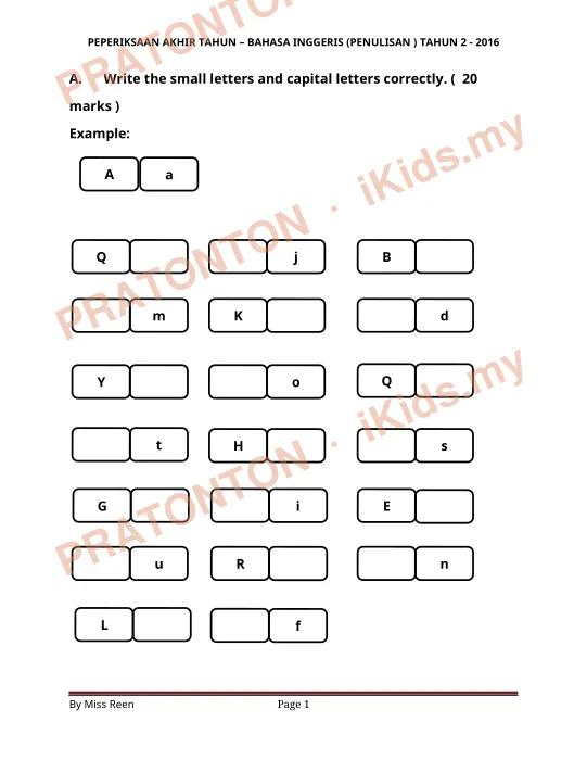 Pratonton muka 1 lembaran PEPERIKSAAN AKHIR TAHUN – BAHASA INGGERIS (PENULISAN ) TAHUN 2 - 2016 — Bahasa Inggeris Tahun 2
