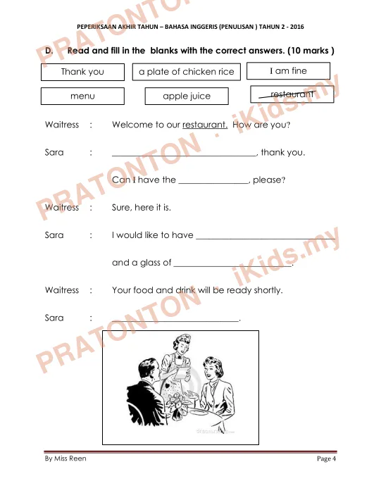 Pratonton muka 4 lembaran PEPERIKSAAN AKHIR TAHUN – BAHASA INGGERIS (PENULISAN ) TAHUN 2 - 2016 — Bahasa Inggeris Tahun 2