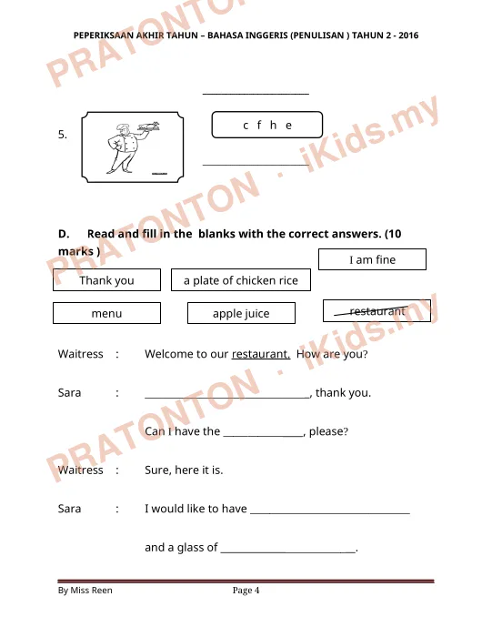 Pratonton muka 4 lembaran PEPERIKSAAN AKHIR TAHUN – BAHASA INGGERIS (PENULISAN ) TAHUN 2 - 2016 — Bahasa Inggeris Tahun 2