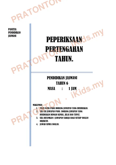 Pratonton muka 1 lembaran Peperiksaan Akhir Tahun — Pendidikan Jasmani Tahun 6 — Pendidikan Kesihatan Tahun 6