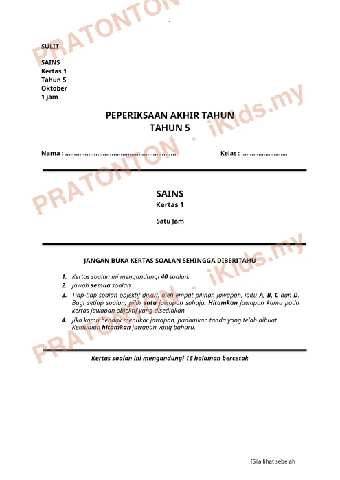Pratonton muka 1 lembaran Peperiksaan Akhir Tahun — Sains Tahun 5 (Set A) — Sains Tahun 5