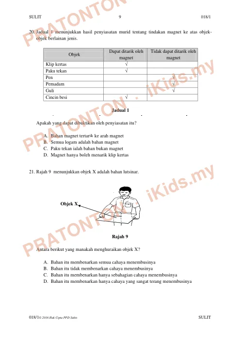 Pratonton muka 9 lembaran Peperiksaan AR 3 2016 Daerah Subis — Sains Kertas 1 — Sains Tahun 6