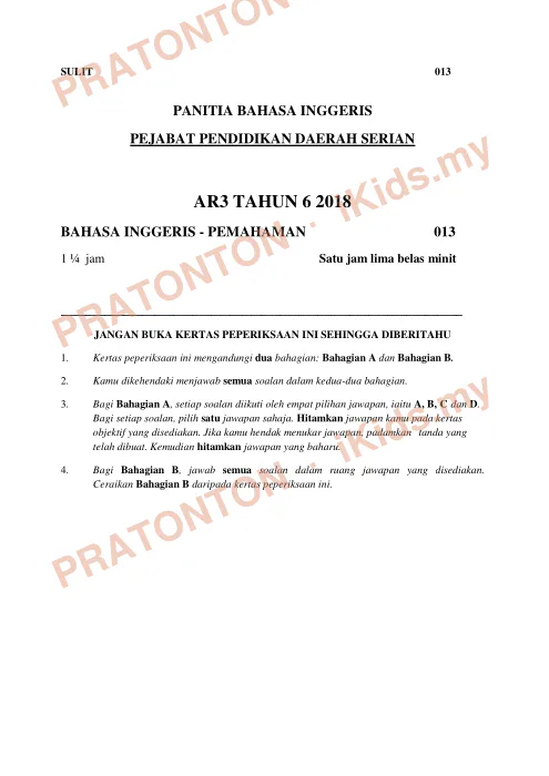 Pratonton muka 1 lembaran Peperiksaan AR 3 2018 PPD Serian — Bahasa Inggeris Pemahaman — Bahasa Inggeris Tahun 6