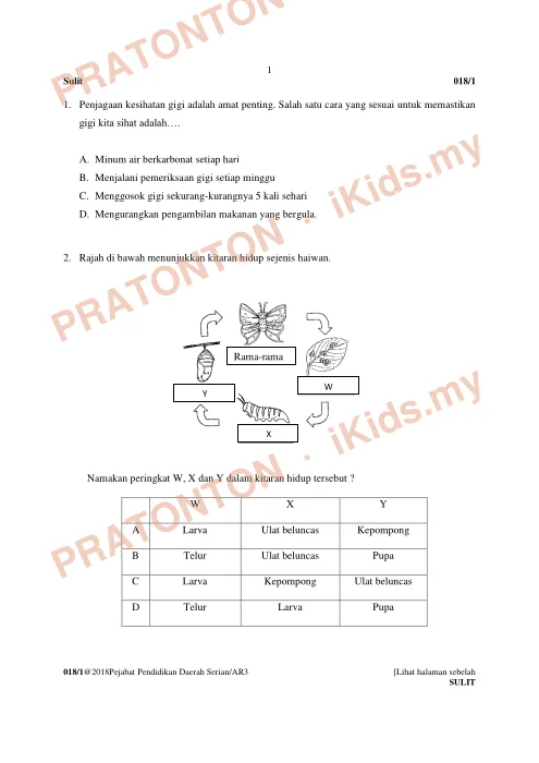 Pratonton muka 1 lembaran Peperiksaan AR 3 2018 — Sains Kertas 1 (Versi Semakan) — Sains Tahun 6