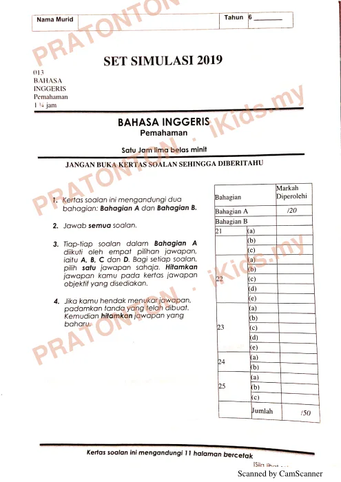 Pratonton muka 1 lembaran Peperiksaan Nilai Tambah Johor 2019 — Bahasa Inggeris Pemahaman — Bahasa Inggeris Tahun 6