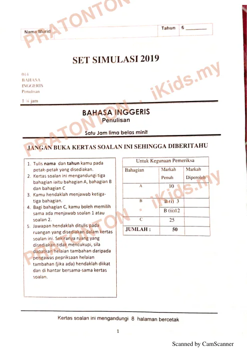Pratonton muka 1 lembaran Peperiksaan Nilai Tambah Johor 2019 — Bahasa Inggeris Penulisan — Bahasa Inggeris Tahun 6