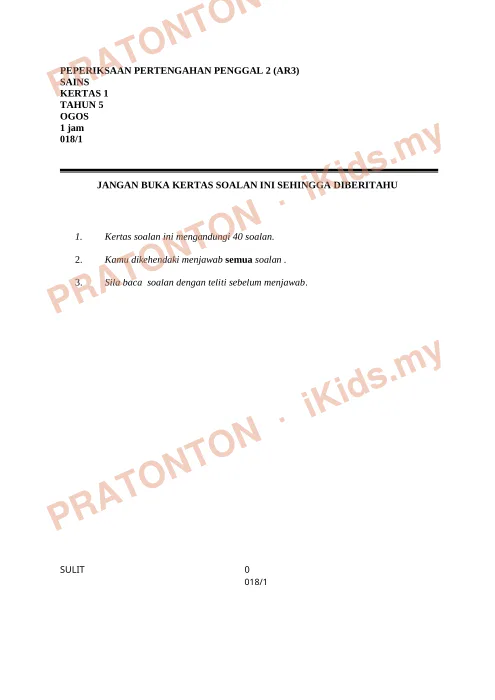 Pratonton muka 1 lembaran Peperiksaan Pertengahan Penggal 2 (AR3) — Sains Kertas 1 — Sains Tahun 5