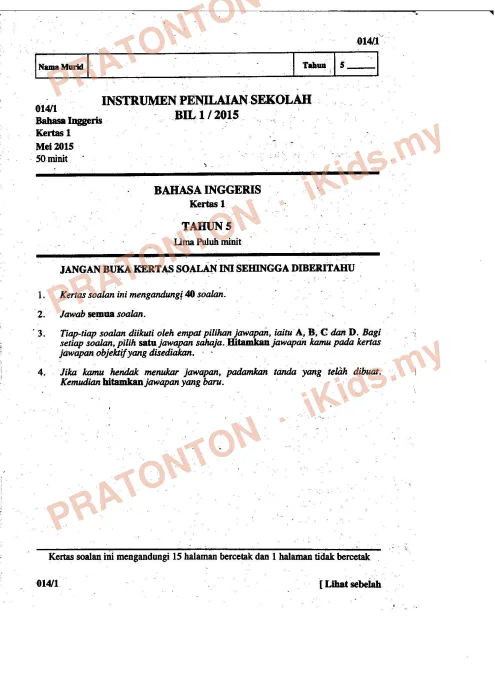 Pratonton muka 1 lembaran Peperiksaan Pertengahan Tahun 2015 — Bahasa Inggeris Tahun 5 Kertas 1 — Bahasa Inggeris Tahun 5
