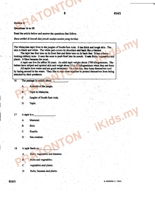 Pratonton muka 8 lembaran Peperiksaan Pertengahan Tahun 2015 — Bahasa Inggeris Tahun 5 Kertas 1 — Bahasa Inggeris Tahun 5