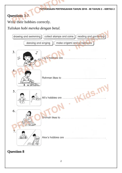 Pratonton muka 2 lembaran PEPERIKSAAN PERTENGAHAN TAHUN 2018 – BI TAHUN 2 – KERTAS 2 — Bahasa Inggeris Tahun 2