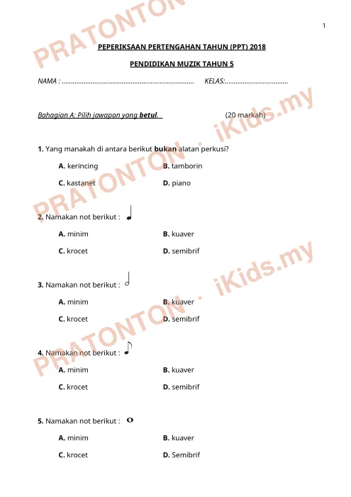 Pratonton muka 1 lembaran Peperiksaan Pertengahan Tahun 2018 — Pendidikan Muzik Tahun 5 — Pendidikan Kesenian Tahun 5