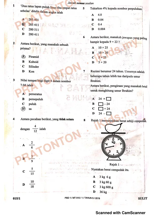 Pratonton muka 1 lembaran Peperiksaan Pertengahan Tahun — Matematik Tahun 5 Kertas 1 (Imbasan) — Matematik Tahun 5