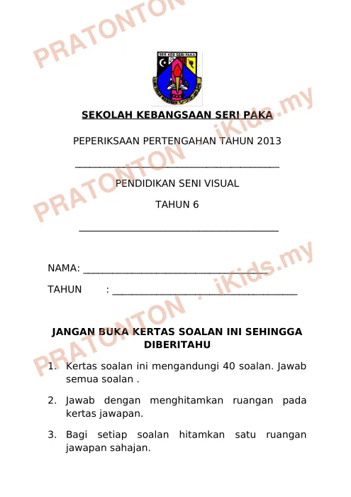 Pratonton muka 1 lembaran Peperiksaan Pertengahan Tahun — Pendidikan Seni Visual Tahun 6 — Pendidikan Kesenian Tahun 6