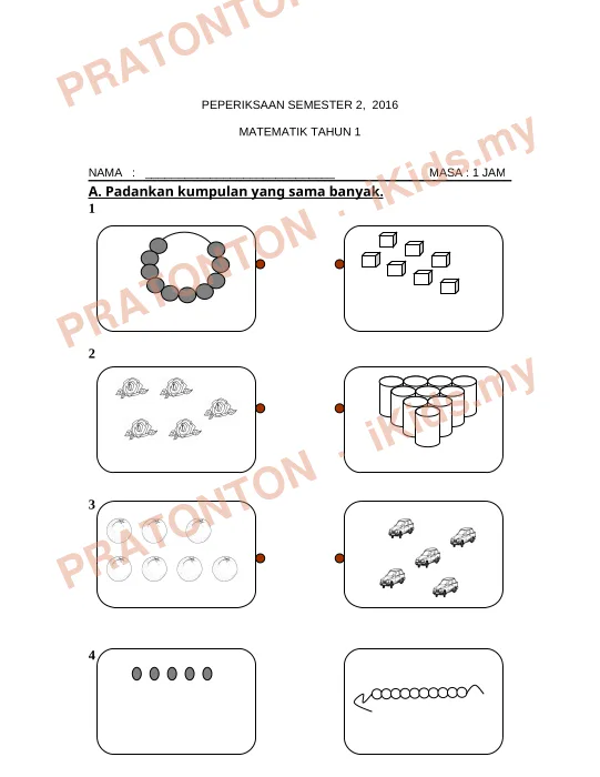 Pratonton muka 1 lembaran PEPERIKSAAN SEMESTER 2, 2016 — Matematik Tahun 1