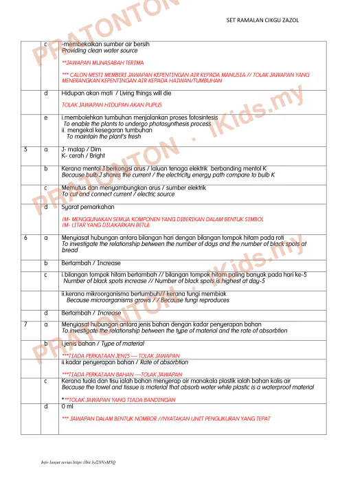 Pratonton muka 2 lembaran Peraturan Pemarkahan Set Ramalan Sains UPSR — Sains Tahun 6