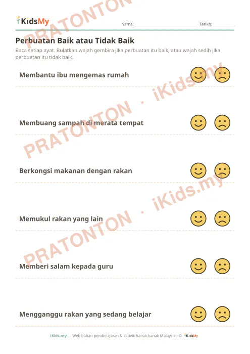Pratonton muka 1 lembaran Perbuatan Baik atau Tidak Baik — Sosial & Emosi Tadika (2-6)