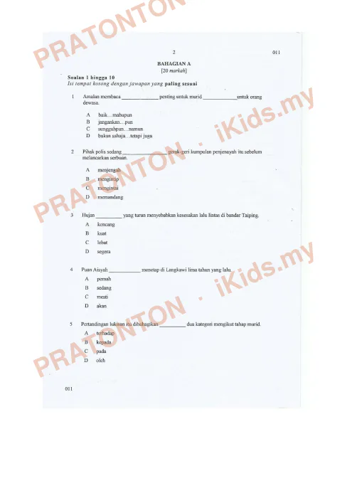 Pratonton muka 1 lembaran Percubaan Selangor 2018 — Bahasa Melayu Pemahaman — Bahasa Melayu Tahun 6
