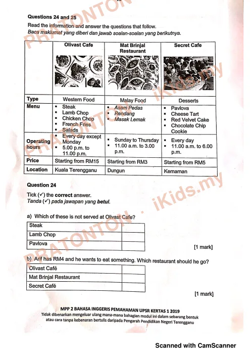 Pratonton muka 1 lembaran Percubaan Terengganu — Bahasa Inggeris Pemahaman (Muka 12 dan 13) — Bahasa Inggeris Tahun 6