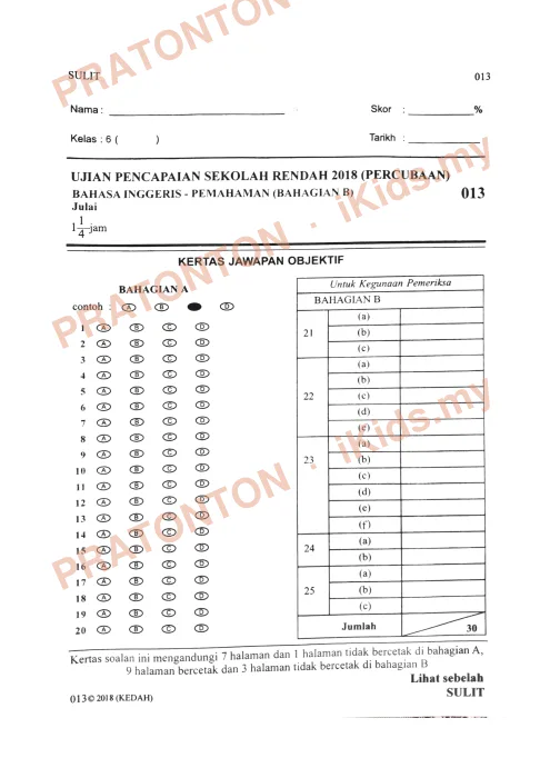 Pratonton muka 1 lembaran Percubaan UPSR 2018 — Bahasa Inggeris Pemahaman Bahagian B — Bahasa Inggeris Tahun 6