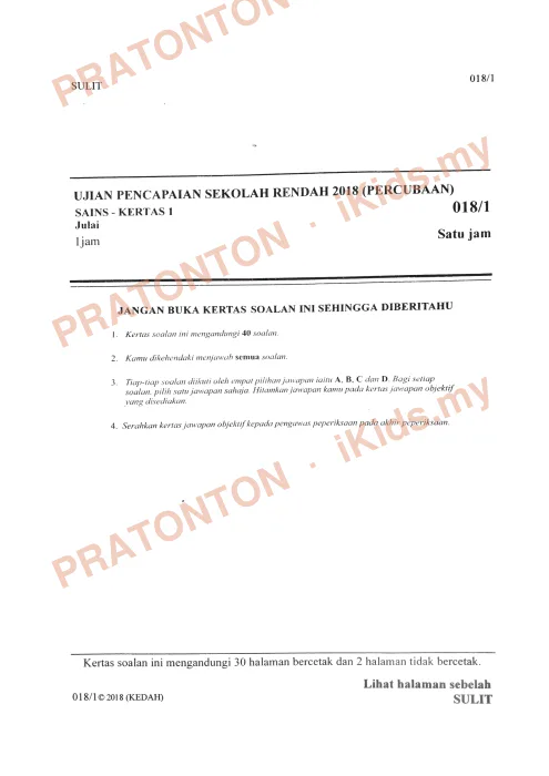 Pratonton muka 1 lembaran Percubaan UPSR 2018 Kedah — Sains Kertas 1 — Sains Tahun 6