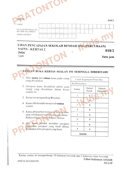 Pratonton muka 1 lembaran Percubaan UPSR 2018 Kedah — Sains Kertas 2 — Sains Tahun 6